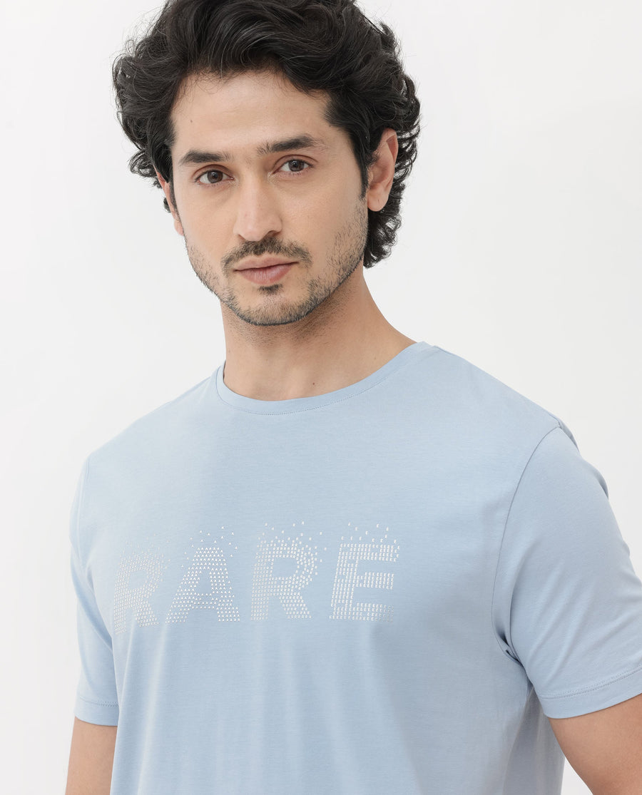Rare Rabbit Men's Eso Light Blue Cotton Blend Graphic Print Regular Fit Half Sleeve Crew Neck T-Shirt