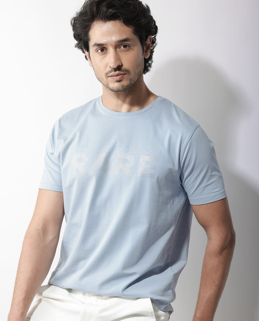 Rare Rabbit Men's Eso Light Blue Cotton Blend Graphic Print Regular Fit Half Sleeve Crew Neck T-Shirt