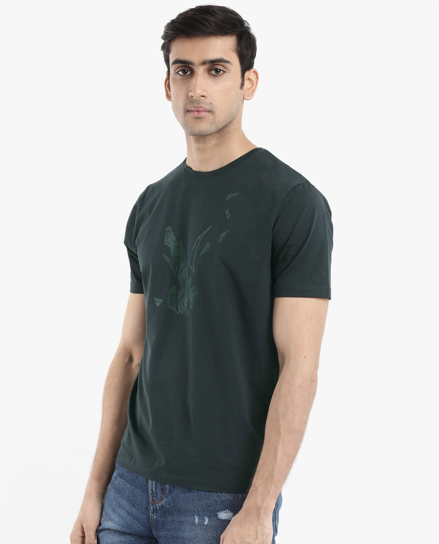Rare Rabbit Men's Esse Dark Green Cotton Graphic Print Regular Fit Half Sleeve Crew Neck T-Shirt