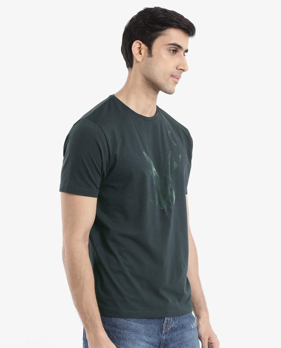 Rare Rabbit Men's Esse Dark Green Cotton Graphic Print Regular Fit Half Sleeve Crew Neck T-Shirt