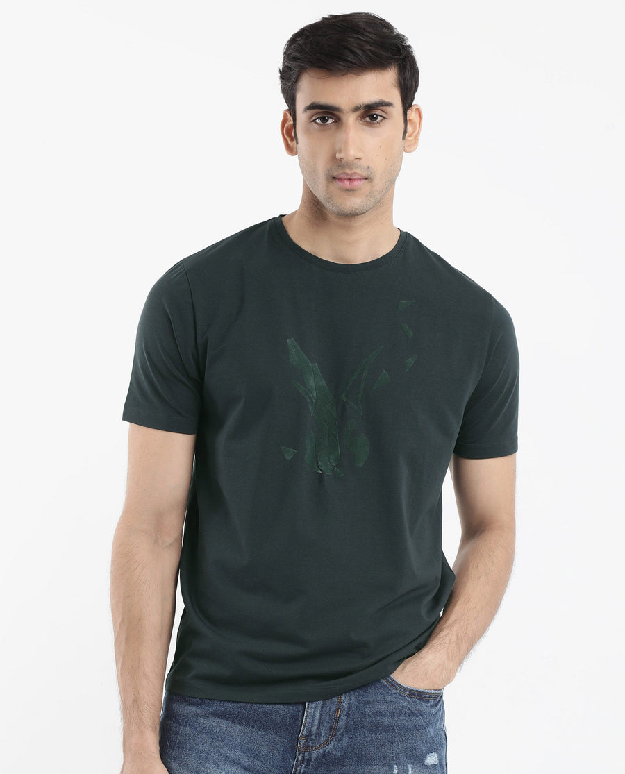 Rare Rabbit Men's Esse Dark Green Cotton Graphic Print Regular Fit Half Sleeve Crew Neck T-Shirt