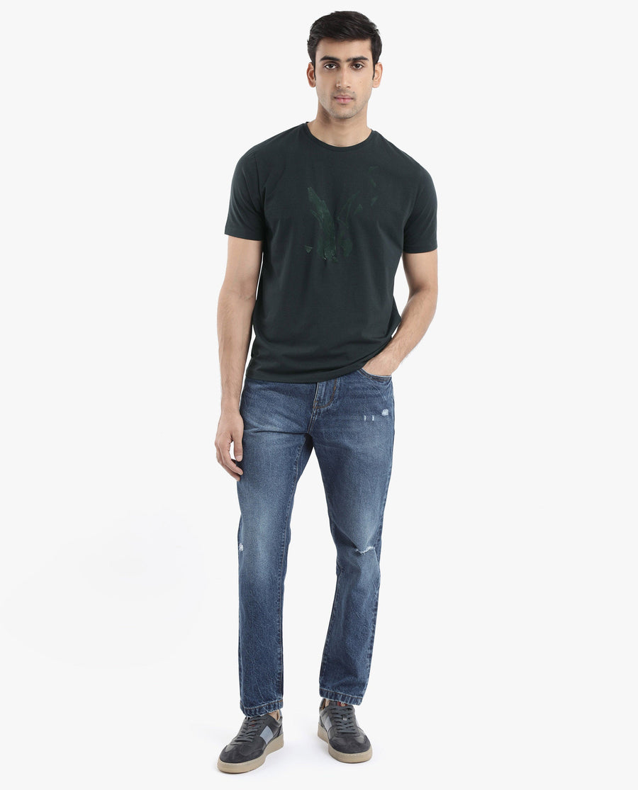 Rare Rabbit Men's Esse Dark Green Cotton Graphic Print Regular Fit Half Sleeve Crew Neck T-Shirt