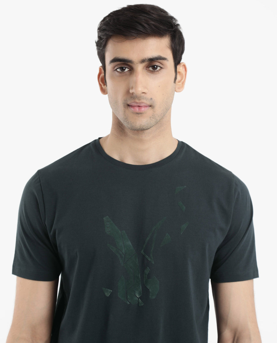 Rare Rabbit Men's Esse Dark Green Cotton Graphic Print Regular Fit Half Sleeve Crew Neck T-Shirt