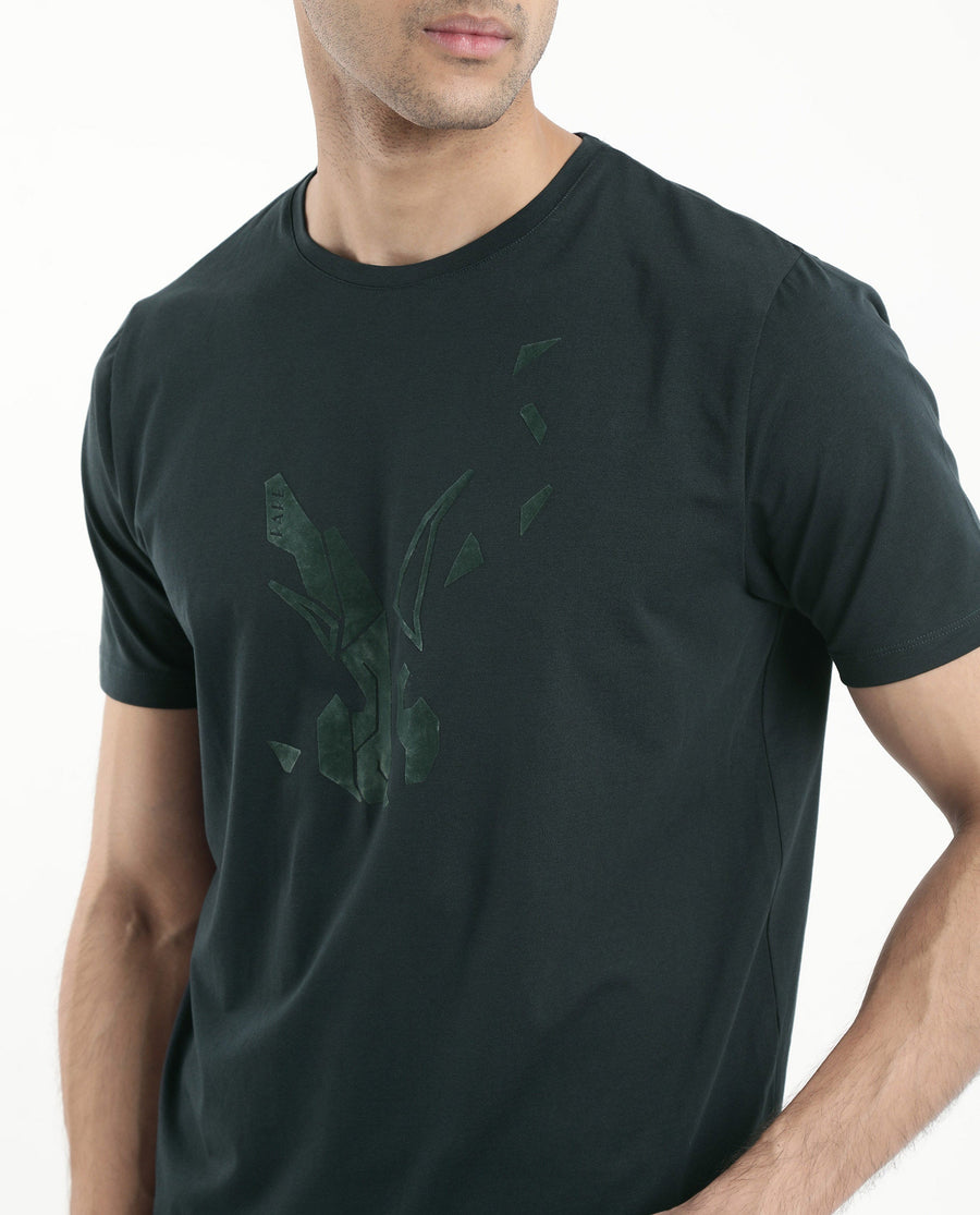 Rare Rabbit Men's Esse Dark Green Cotton Graphic Print Regular Fit Half Sleeve Crew Neck T-Shirt