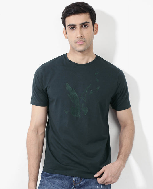 Rare Rabbit Men's Esse Dark Green Cotton Graphic Print Regular Fit Half Sleeve Crew Neck T-Shirt