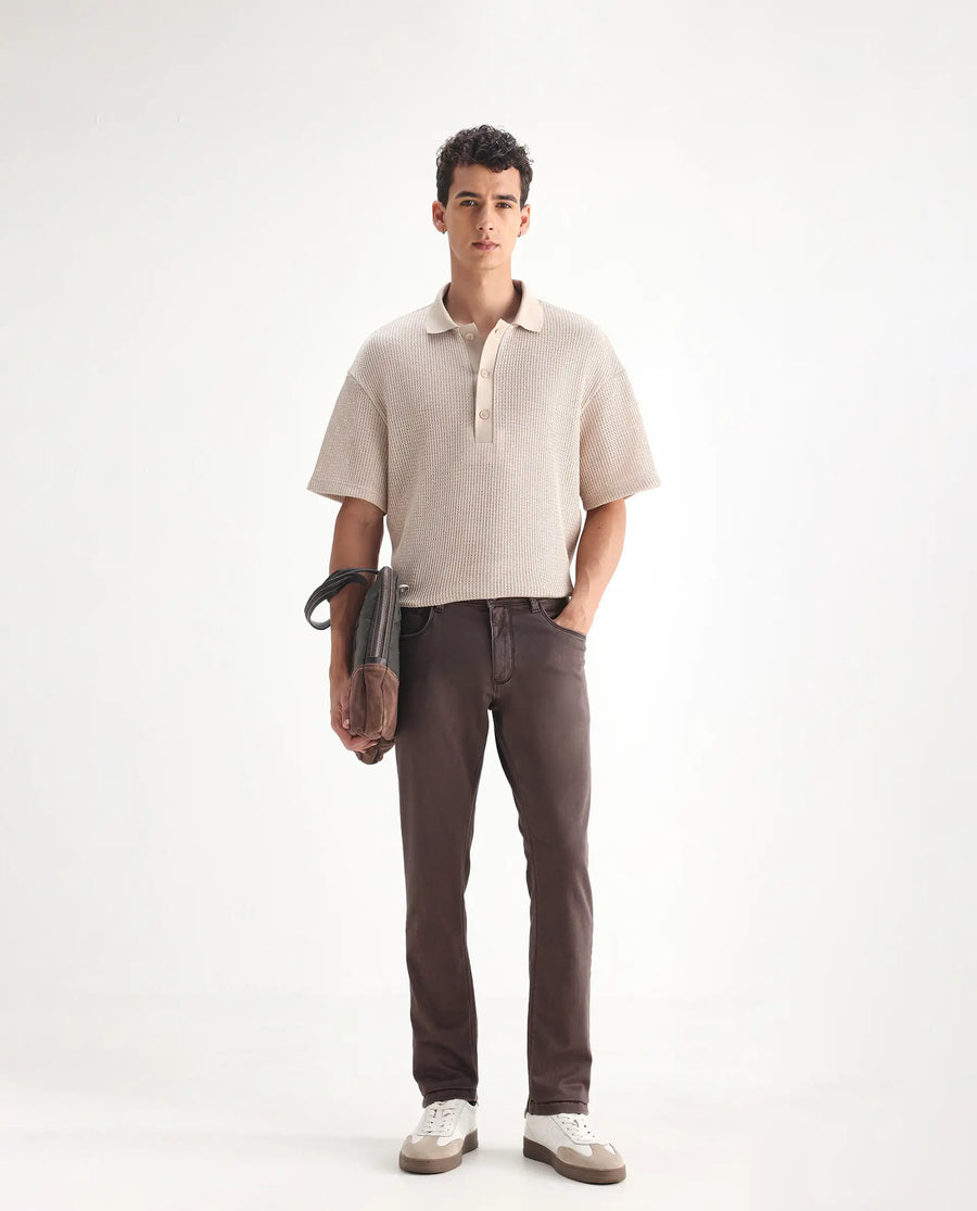 Rare Rabbit Men's Essen Dark Brown Cotton Plain Hawk Slim Fit Jeans