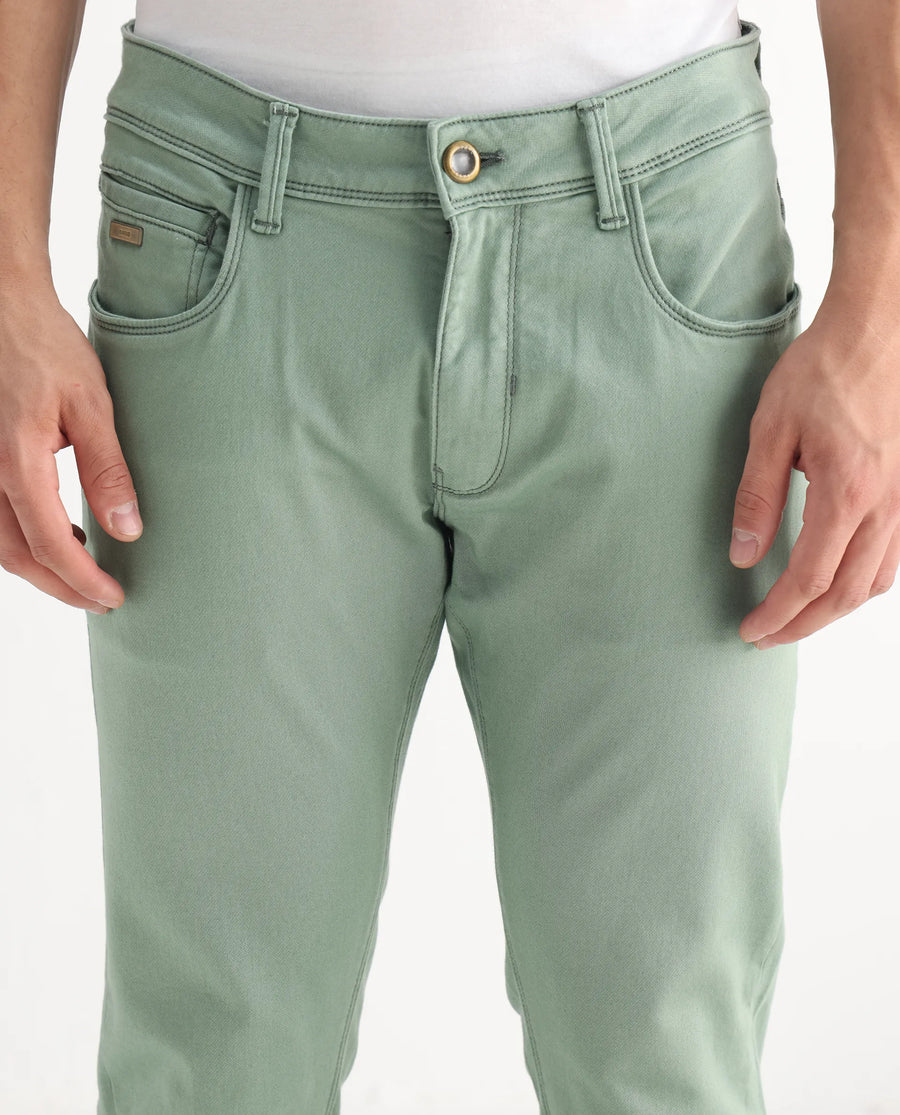 Rare Rabbit Men's Essen Light Green Cotton Plain Hawk Slim Fit Jeans