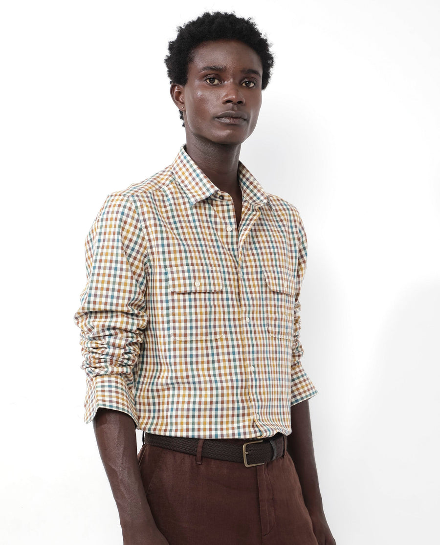 Rare Rabbit Men's Essen Mustard Cotton Checked Print Regular Fit Full Sleeve Collared Shirt