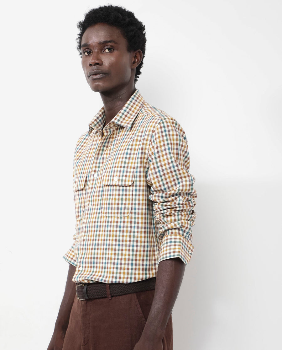Rare Rabbit Men's Essen Mustard Cotton Checked Print Regular Fit Full Sleeve Collared Shirt