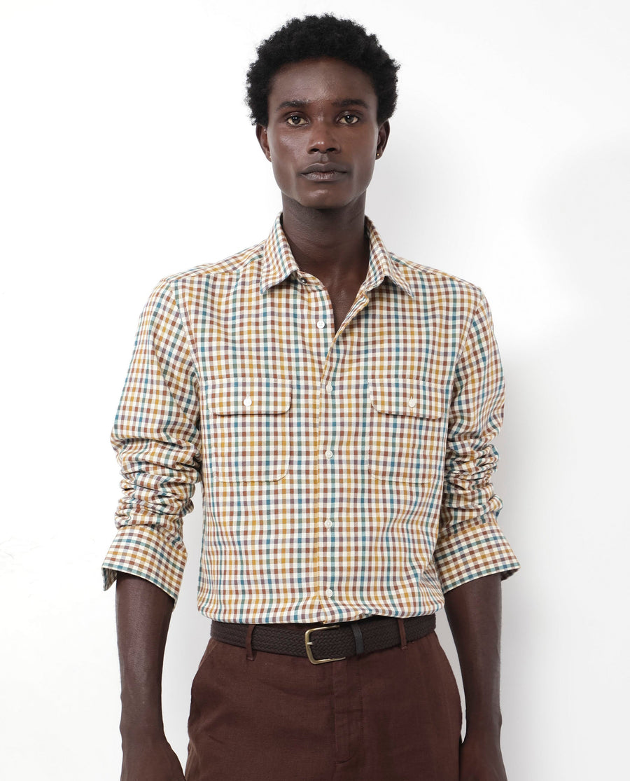 Rare Rabbit Men's Essen Mustard Cotton Checked Print Regular Fit Full Sleeve Collared Shirt