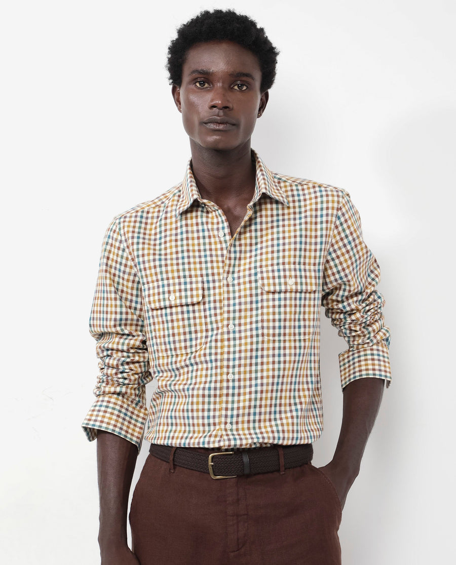 Rare Rabbit Men's Essen Mustard Cotton Checked Print Regular Fit Full Sleeve Collared Shirt
