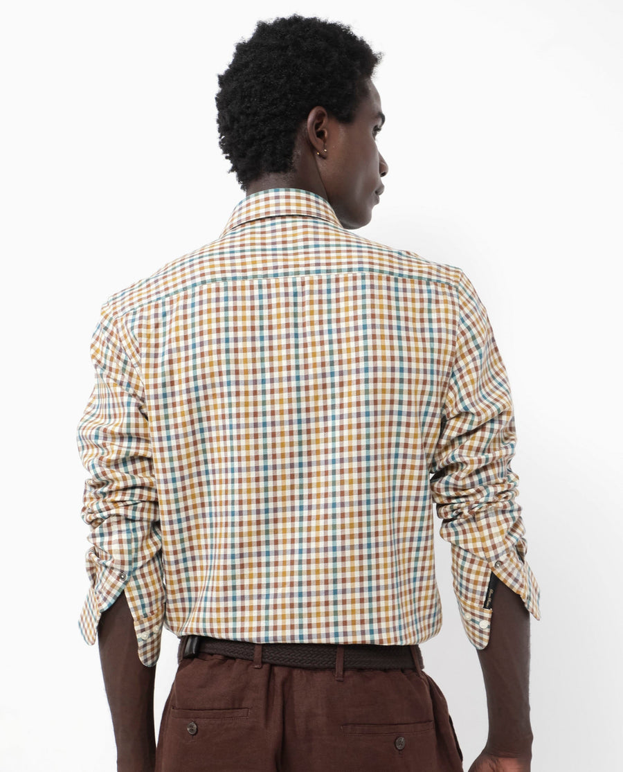 Rare Rabbit Men's Essen Mustard Cotton Checked Print Regular Fit Full Sleeve Collared Shirt