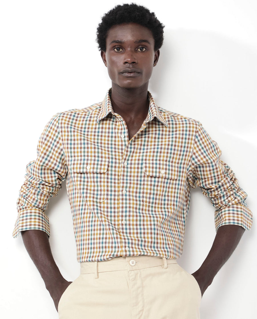 Rare Rabbit Men's Essen Mustard Cotton Checked Print Regular Fit Full Sleeve Collared Shirt