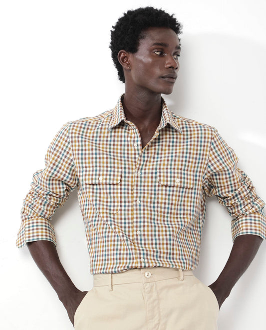 Rare Rabbit Men's Essen Mustard Cotton Checked Print Regular Fit Full Sleeve Collared Shirt