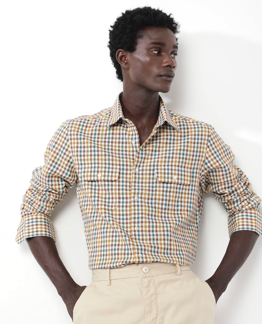 Rare Rabbit Men's Essen Mustard Cotton Checked Print Regular Fit Full Sleeve Collared Shirt