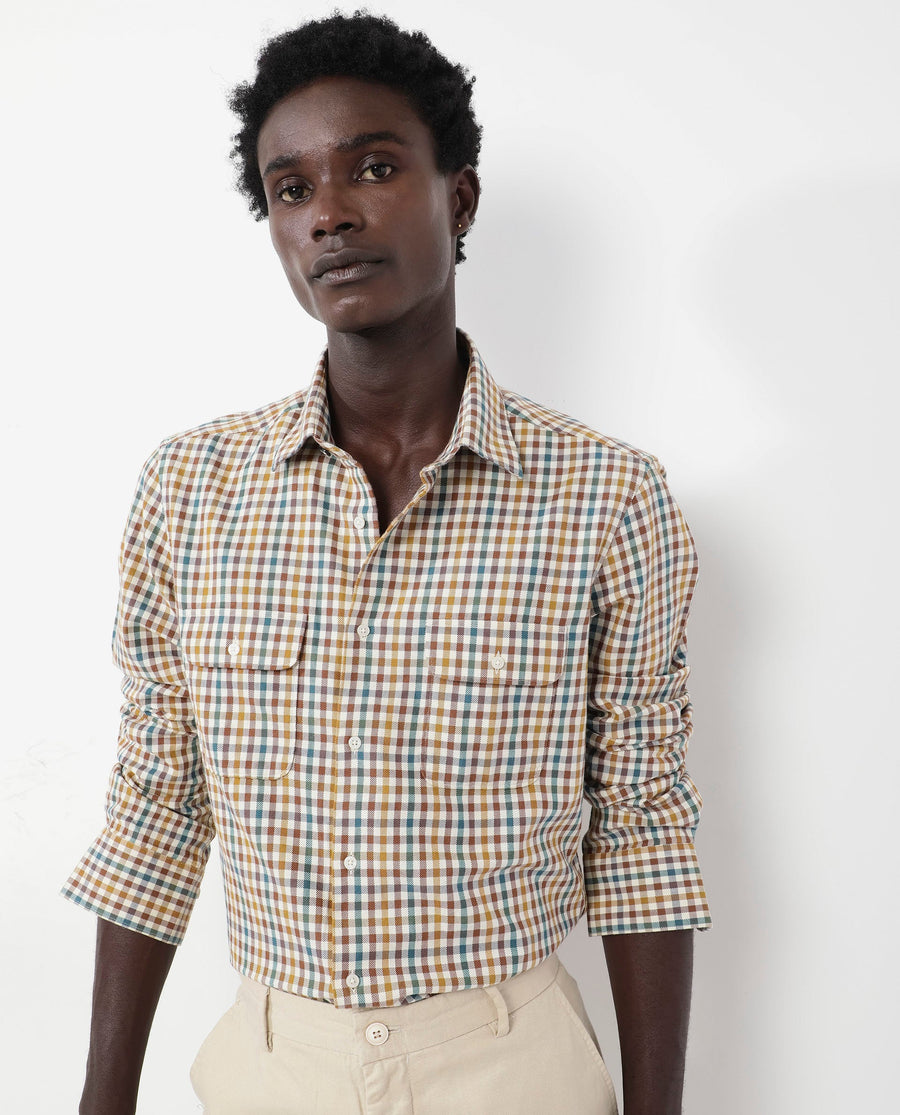 Rare Rabbit Men's Essen Mustard Cotton Checked Print Regular Fit Full Sleeve Collared Shirt