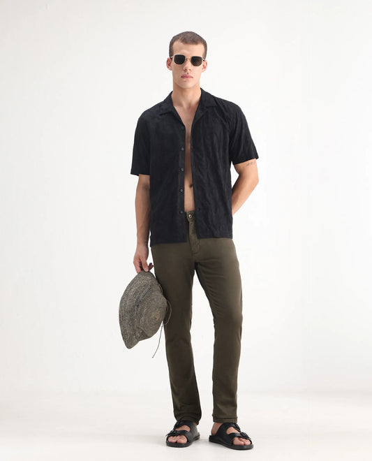 Rare Rabbit Men's Essen Dark Olive Cotton Plain Hawk Slim Fit Jeans