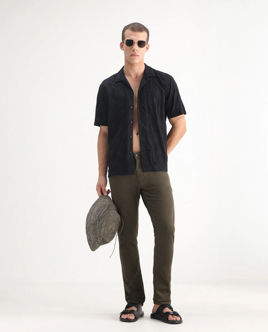 Rare Rabbit Men's Essen Dark Olive Cotton Plain Hawk Slim Fit Jeans