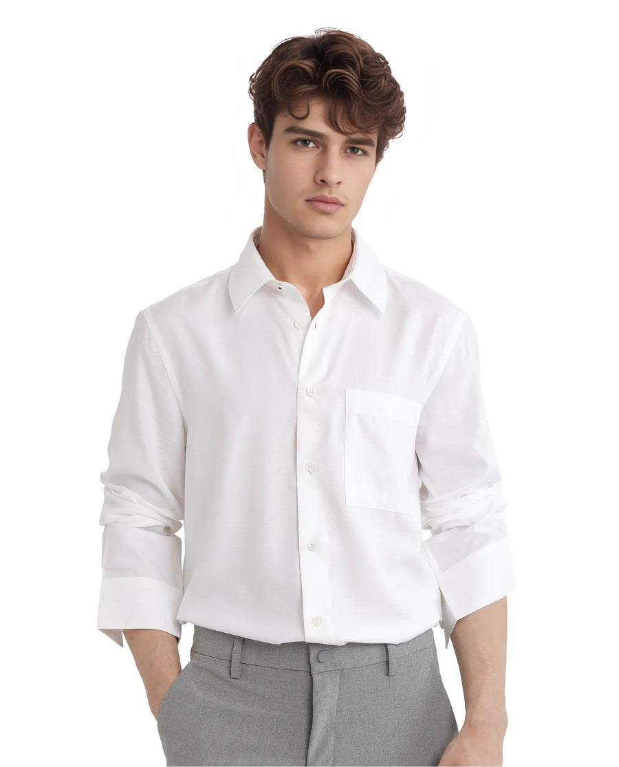 Rare Rabbit Men's Esso Ls-25 White Viscose Blend Plain Relaxed Fit Full Sleeve Collared Shirt