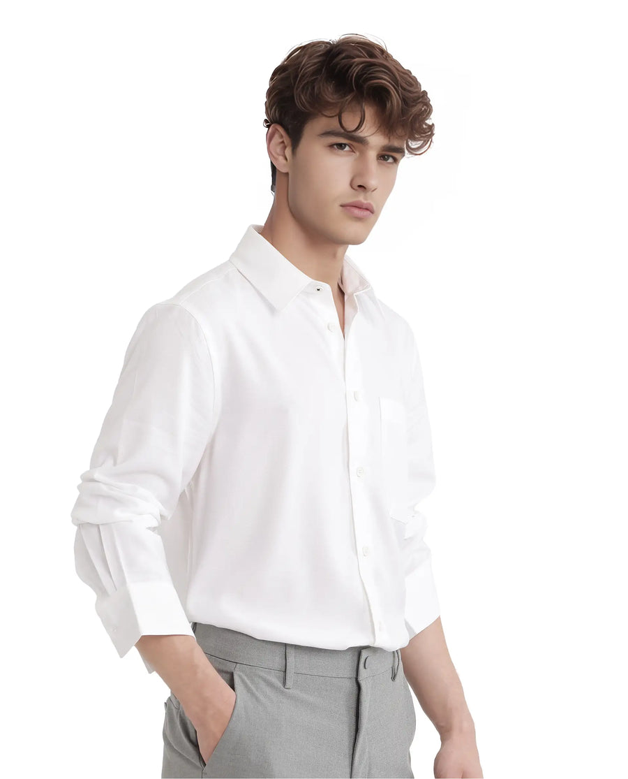 Rare Rabbit Men's Esso Ls-25 White Viscose Blend Plain Relaxed Fit Full Sleeve Collared Shirt