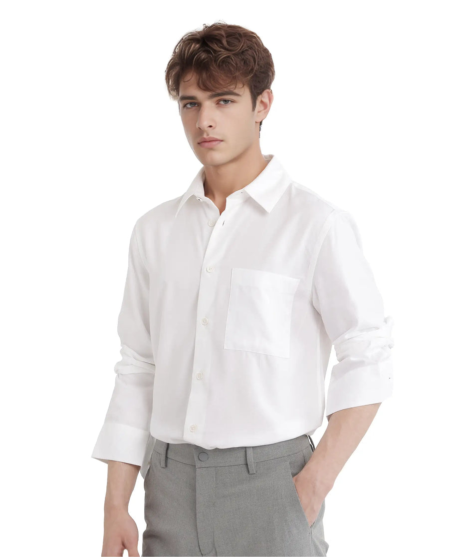 Rare Rabbit Men's Esso Ls-25 White Viscose Blend Plain Relaxed Fit Full Sleeve Collared Shirt