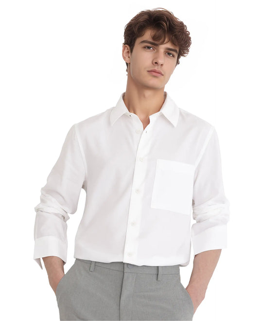 Rare Rabbit Men's Esso Ls-25 White Viscose Blend Plain Relaxed Fit Full Sleeve Collared Shirt