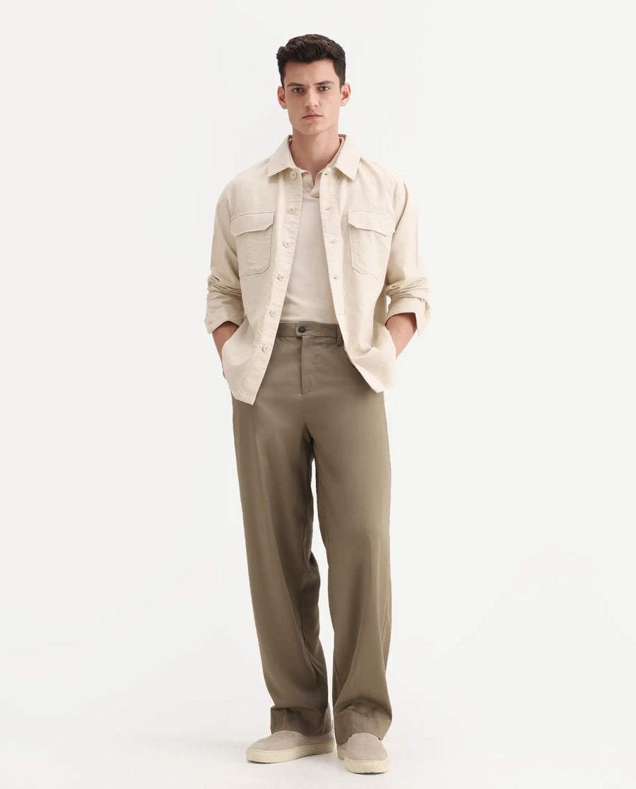 Rare Rabbit Men's Essot Khaki Viscose Blend Plain Baggy Fit Trouser