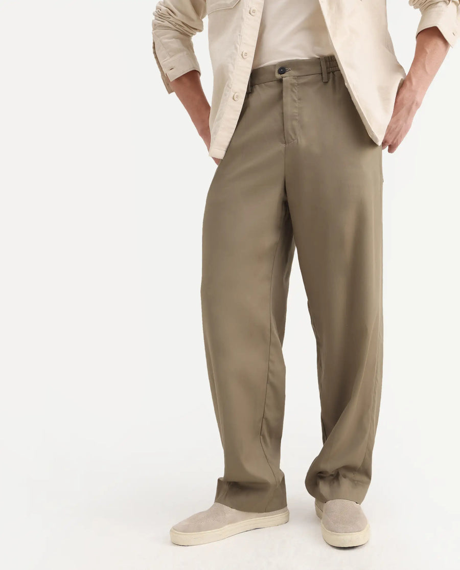 Rare Rabbit Men's Essot Khaki Viscose Blend Plain Baggy Fit Trouser