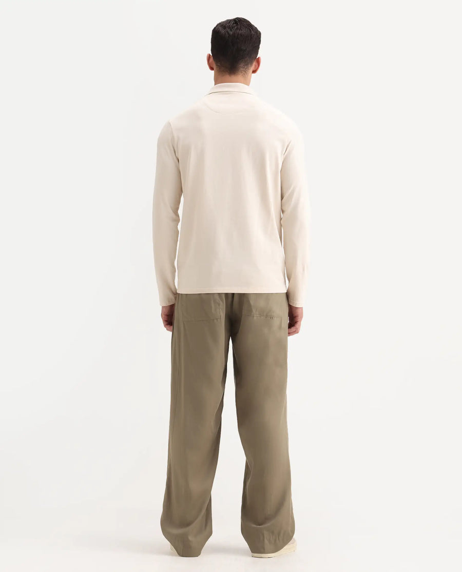 Rare Rabbit Men's Essot Khaki Viscose Blend Plain Baggy Fit Trouser