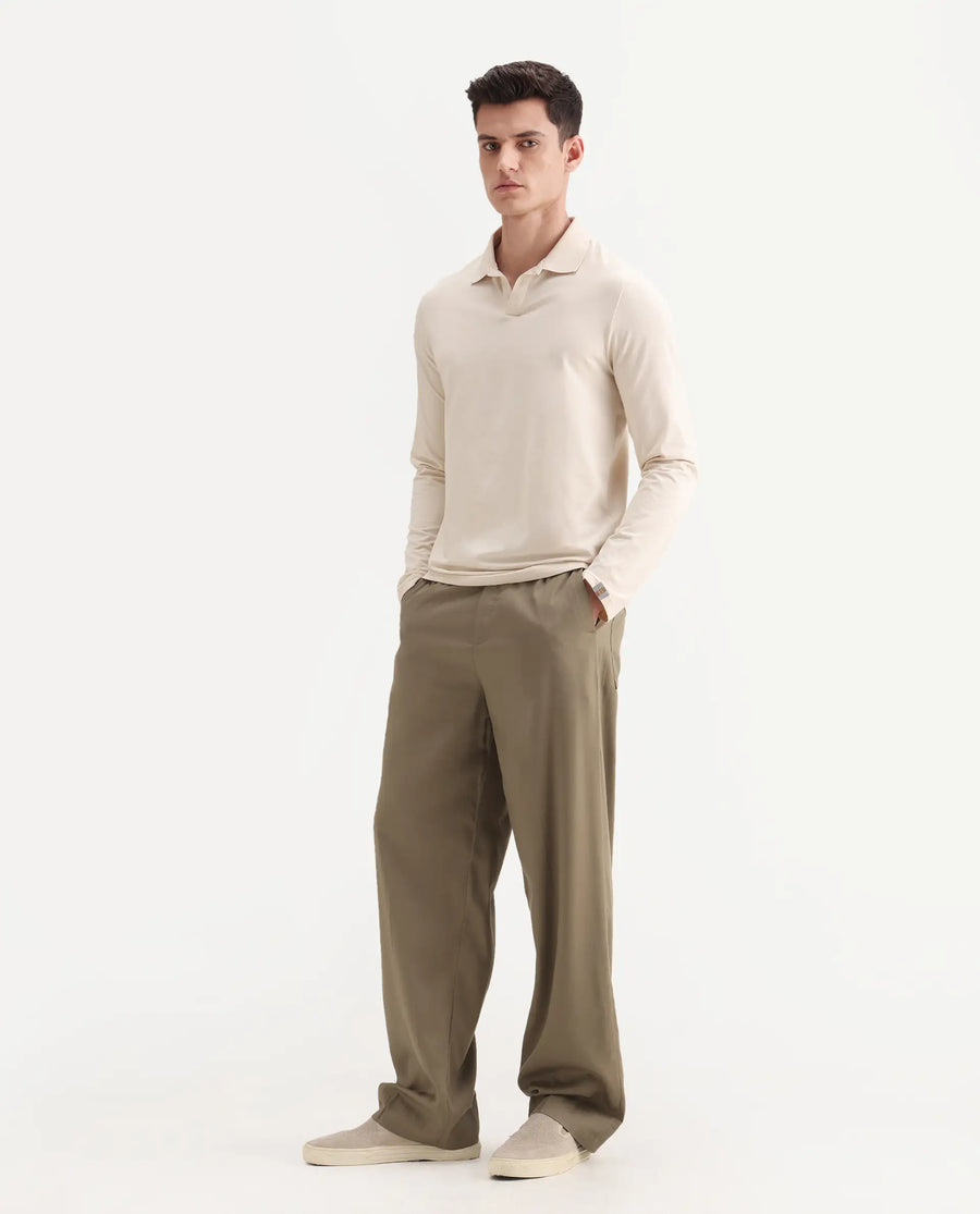 Rare Rabbit Men's Essot Khaki Viscose Blend Plain Baggy Fit Trouser