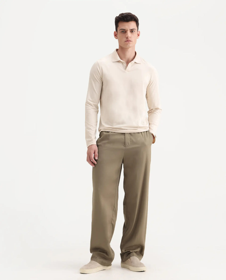 Rare Rabbit Men's Essot Khaki Viscose Blend Plain Baggy Fit Trouser