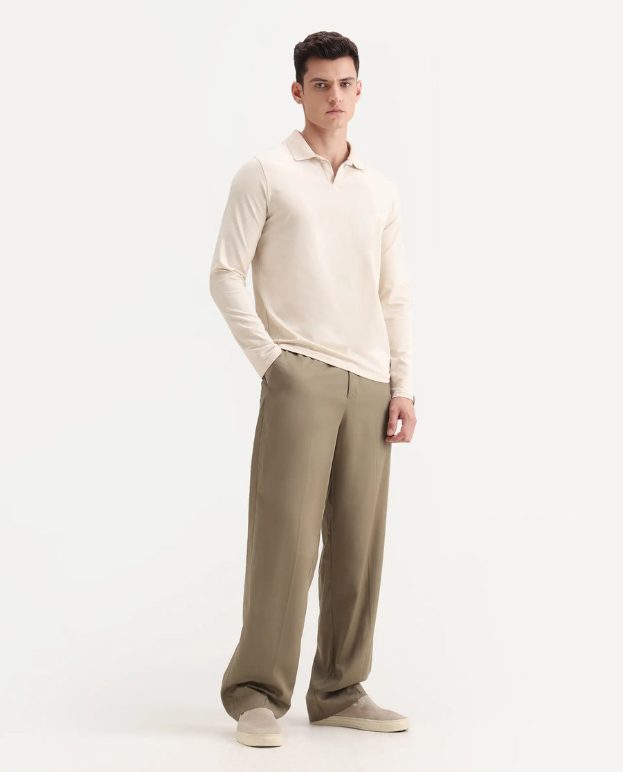Rare Rabbit Men's Essot Khaki Viscose Blend Plain Baggy Fit Trouser