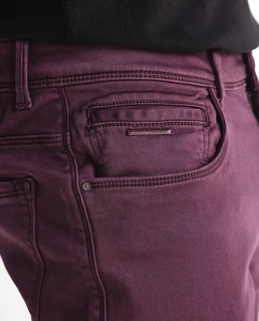 Rare Rabbit Men's Essen Dark Maroon Cotton Plain Hawk Slim Fit Jeans