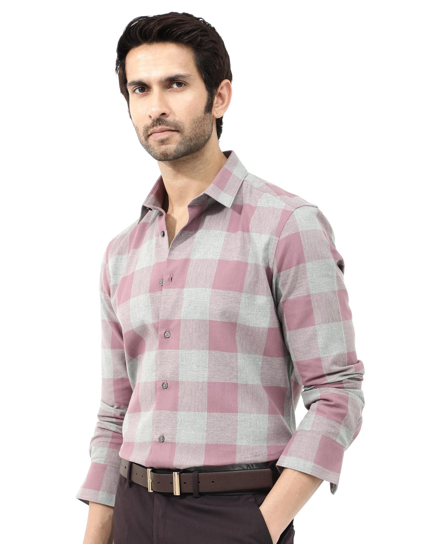 Rare Rabbit Men's Etan Dusky Pink Cotton Checked Print Regular Fit Full Sleeve Collared Shirt