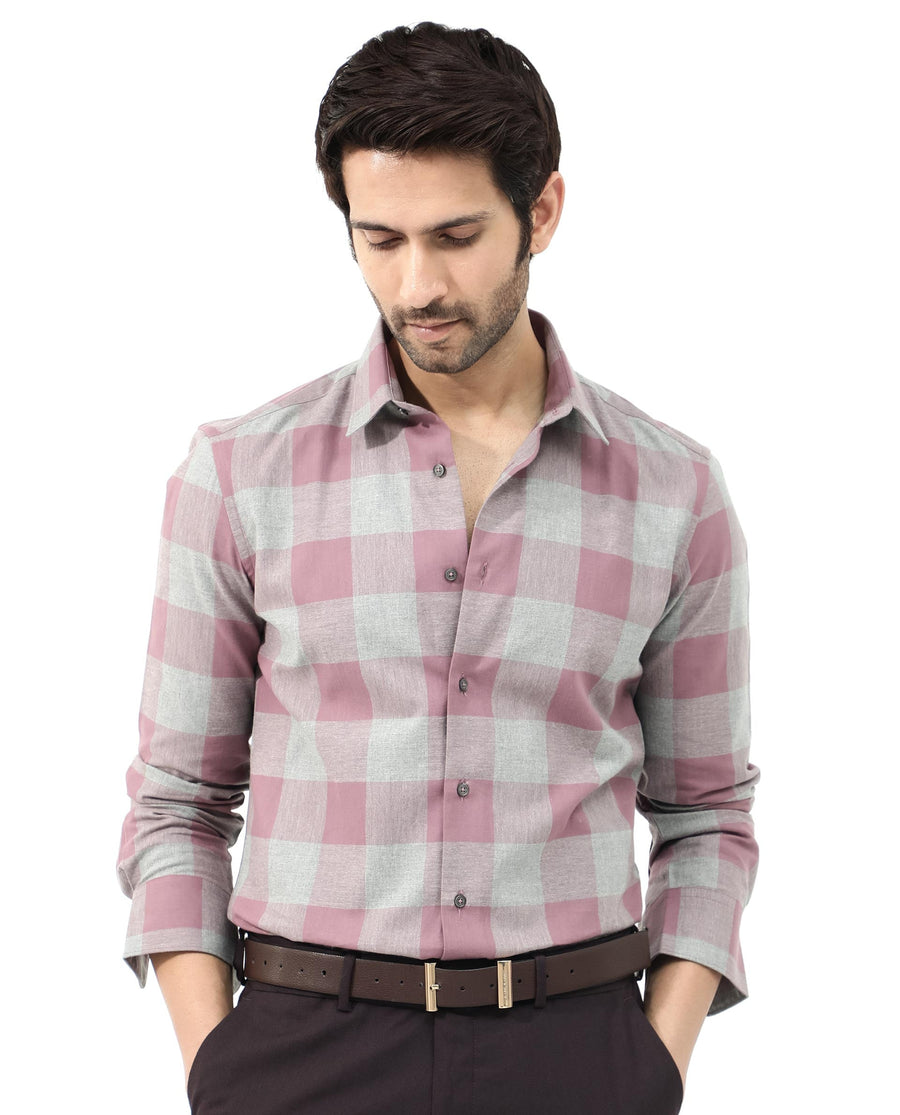 Rare Rabbit Men's Etan Dusky Pink Cotton Checked Print Regular Fit Full Sleeve Collared Shirt