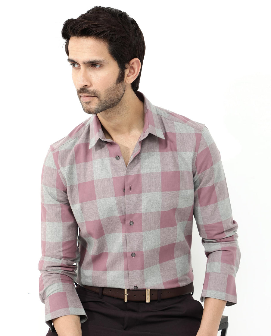 Rare Rabbit Men's Etan Dusky Pink Cotton Checked Print Regular Fit Full Sleeve Collared Shirt