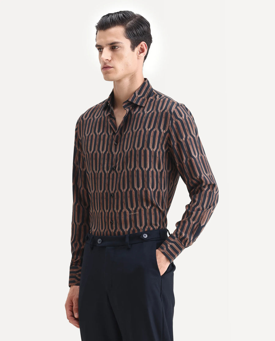 Rare Rabbit Men's Eten Black Cotton Geometric Print Regular Fit Full Sleeve Collared Shirt