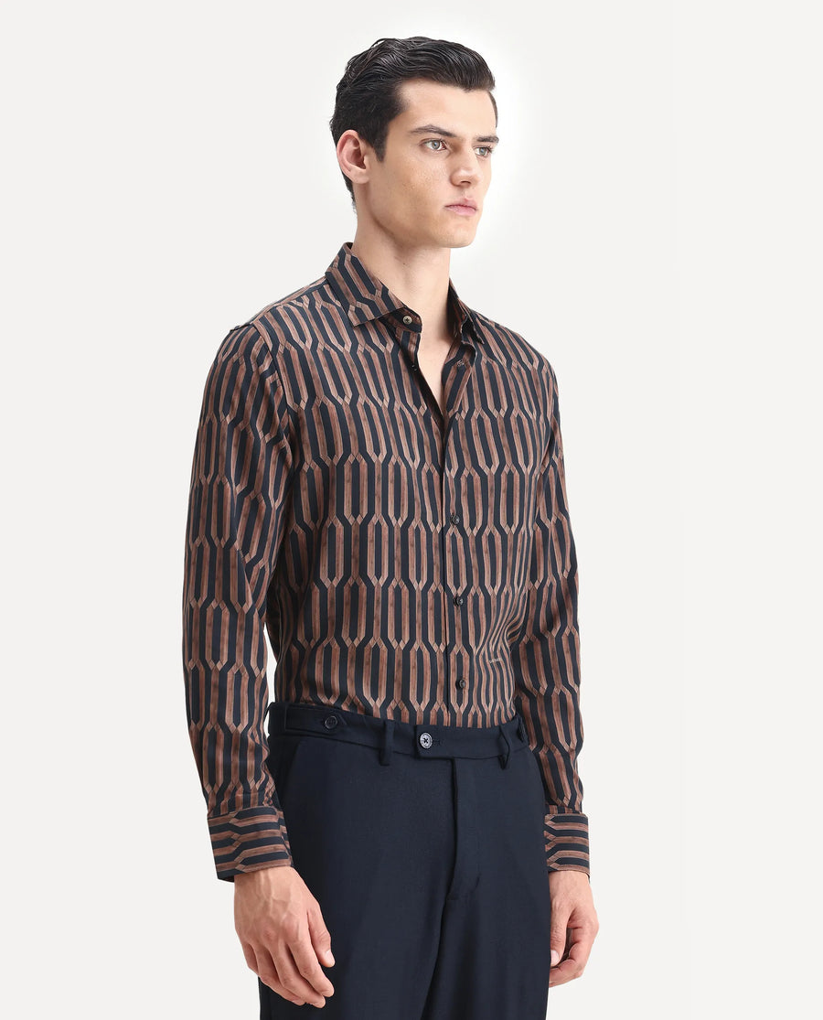 Rare Rabbit Men's Eten Black Cotton Geometric Print Regular Fit Full Sleeve Collared Shirt