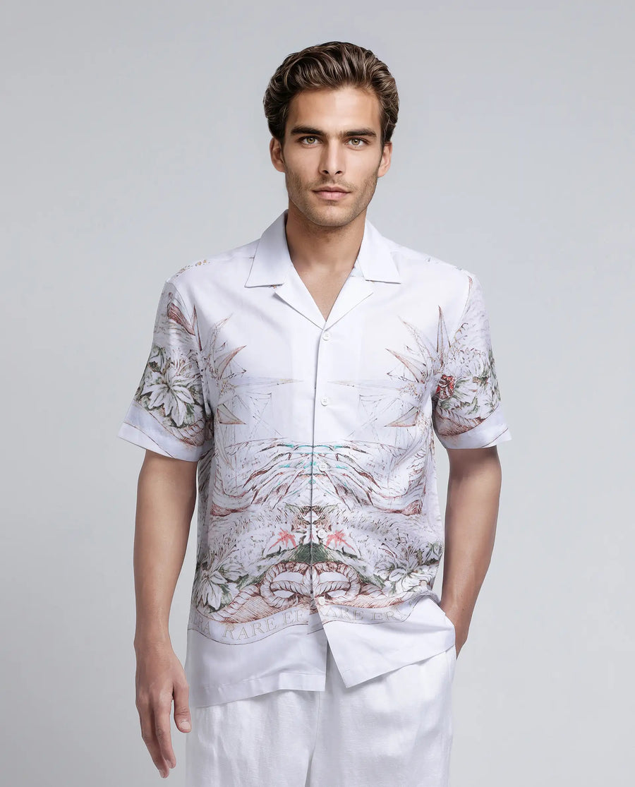 Rare Rabbit Men's Ethan Blue Modal Blend Decorative Print Relaxed Fit Half Sleeve Cuban Collar Shirt