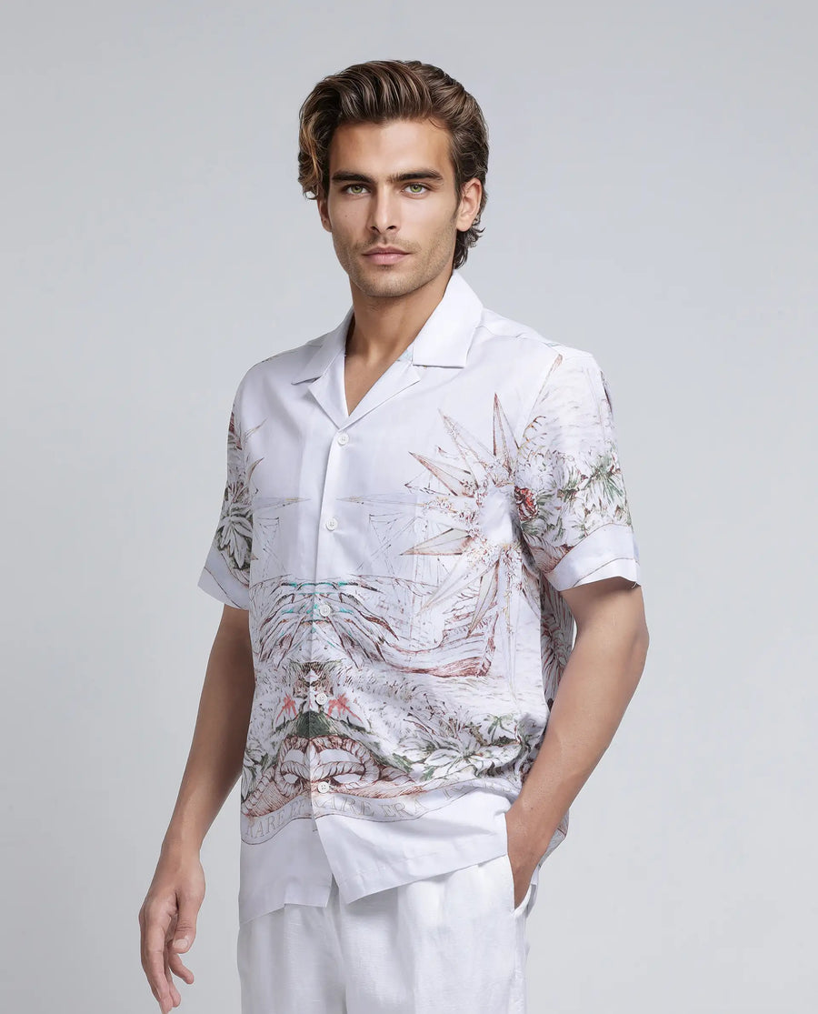 Rare Rabbit Men's Ethan Blue Modal Blend Decorative Print Relaxed Fit Half Sleeve Cuban Collar Shirt
