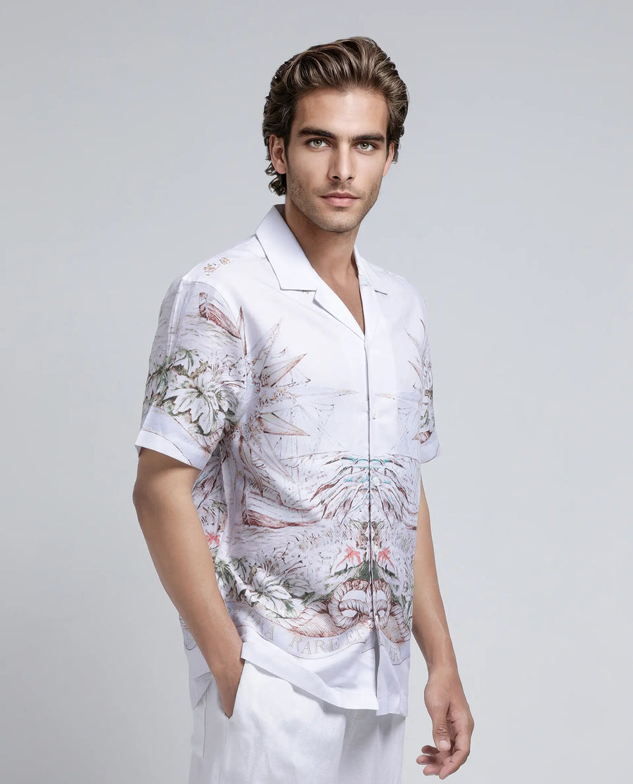 Rare Rabbit Men's Ethan Blue Modal Blend Decorative Print Relaxed Fit Half Sleeve Cuban Collar Shirt