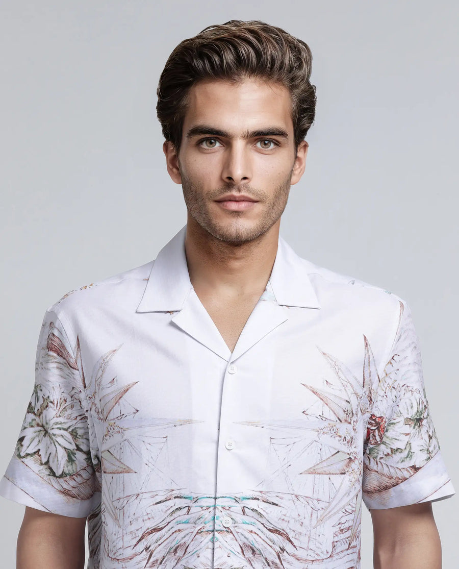 Rare Rabbit Men's Ethan Blue Modal Blend Decorative Print Relaxed Fit Half Sleeve Cuban Collar Shirt