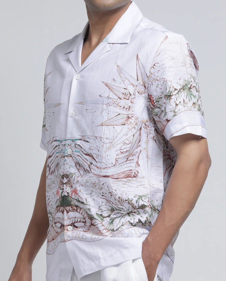 Rare Rabbit Men's Ethan Blue Modal Blend Decorative Print Relaxed Fit Half Sleeve Cuban Collar Shirt