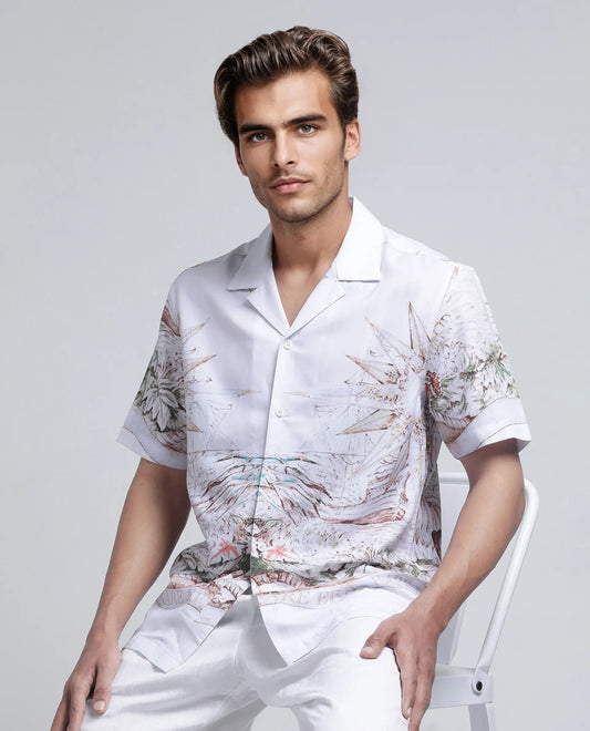 Rare Rabbit Men's Ethan Blue Modal Blend Decorative Print Relaxed Fit Half Sleeve Cuban Collar Shirt