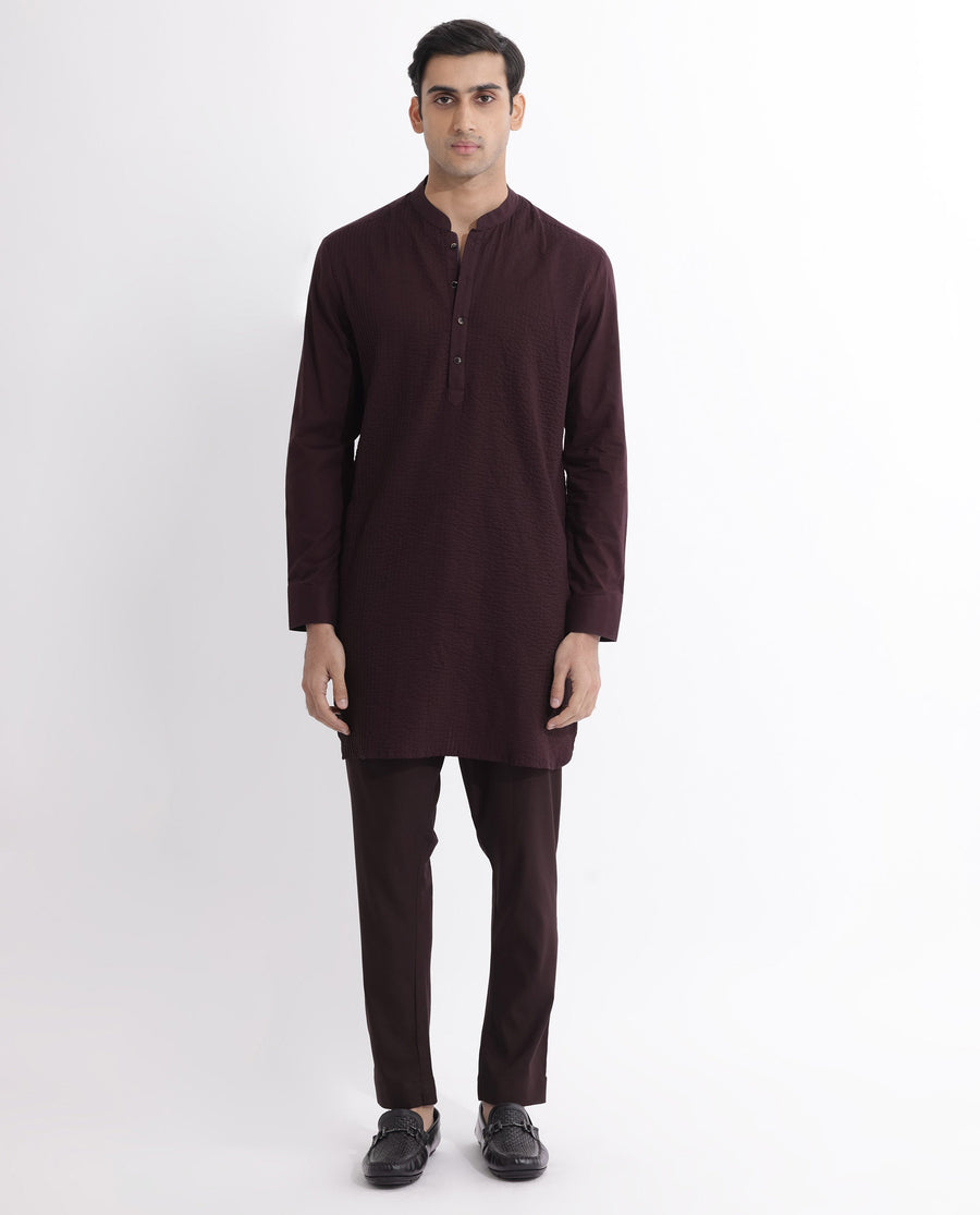 Rare Rabbit Men's Ethnic Maroon Cotton Striped Print Regular Fit Full Sleeve Mandarin Collar Kurta