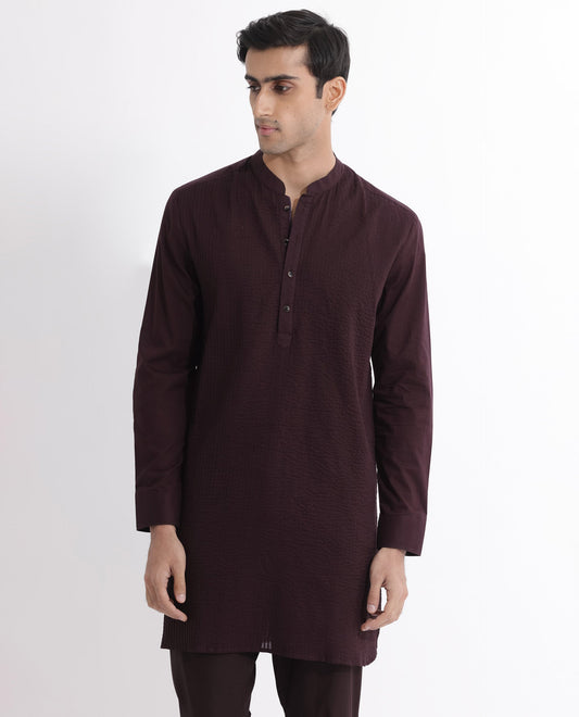 Rare Rabbit Men's Ethnic Maroon Cotton Striped Print Regular Fit Full Sleeve Mandarin Collar Kurta