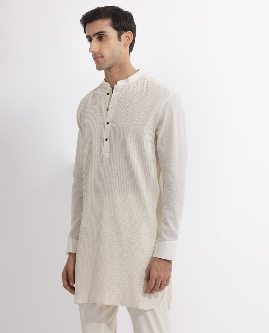Rare Rabbit Men's Ethnic Beige Cotton Striped Print Regular Fit Full Sleeve Mandarin Collar Kurta