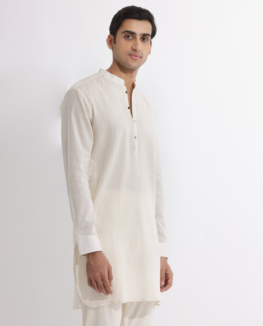 Rare Rabbit Men's Ethnic Beige Cotton Striped Print Regular Fit Full Sleeve Mandarin Collar Kurta
