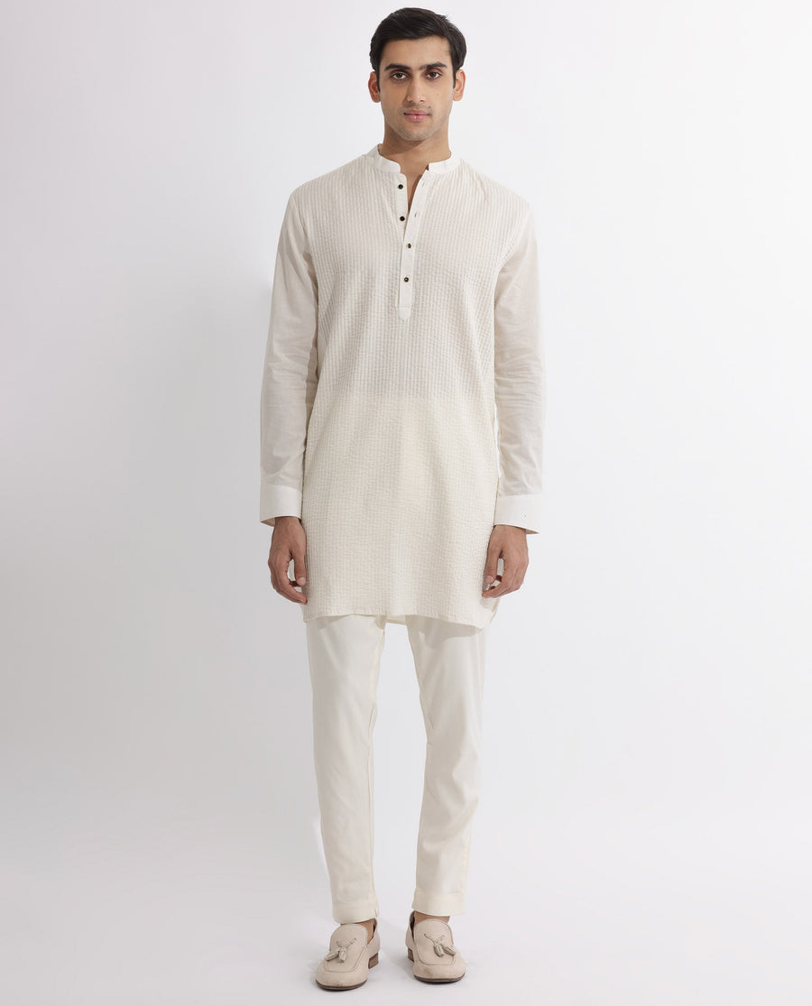 Rare Rabbit Men's Ethnic Beige Cotton Striped Print Regular Fit Full Sleeve Mandarin Collar Kurta