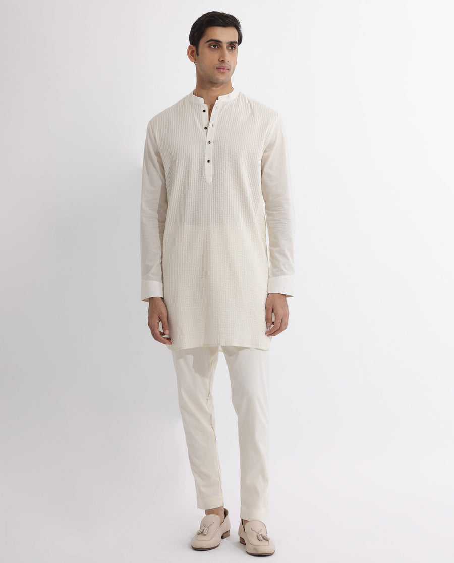 Rare Rabbit Men's Ethnic Beige Cotton Striped Print Regular Fit Full Sleeve Mandarin Collar Kurta